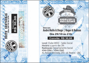 Convite Noite Sertaneja Convite desenvolvido em papel moeda e com selo holográfico de segurança.